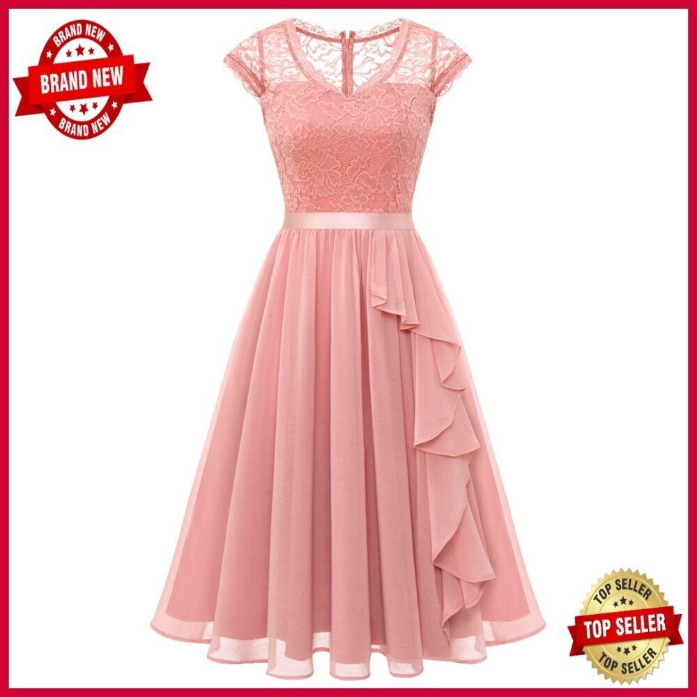 Floral Lace Cocktail Dress Elegant Ruffle Vintage Formal Party Wear